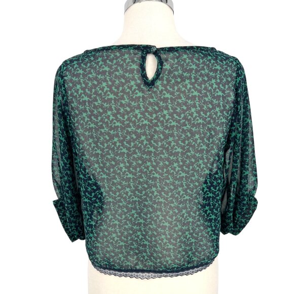 Lush Green Navy Sheer Lace Accent Blouse Half Sleeve Size Medium - Picture 6 of 11